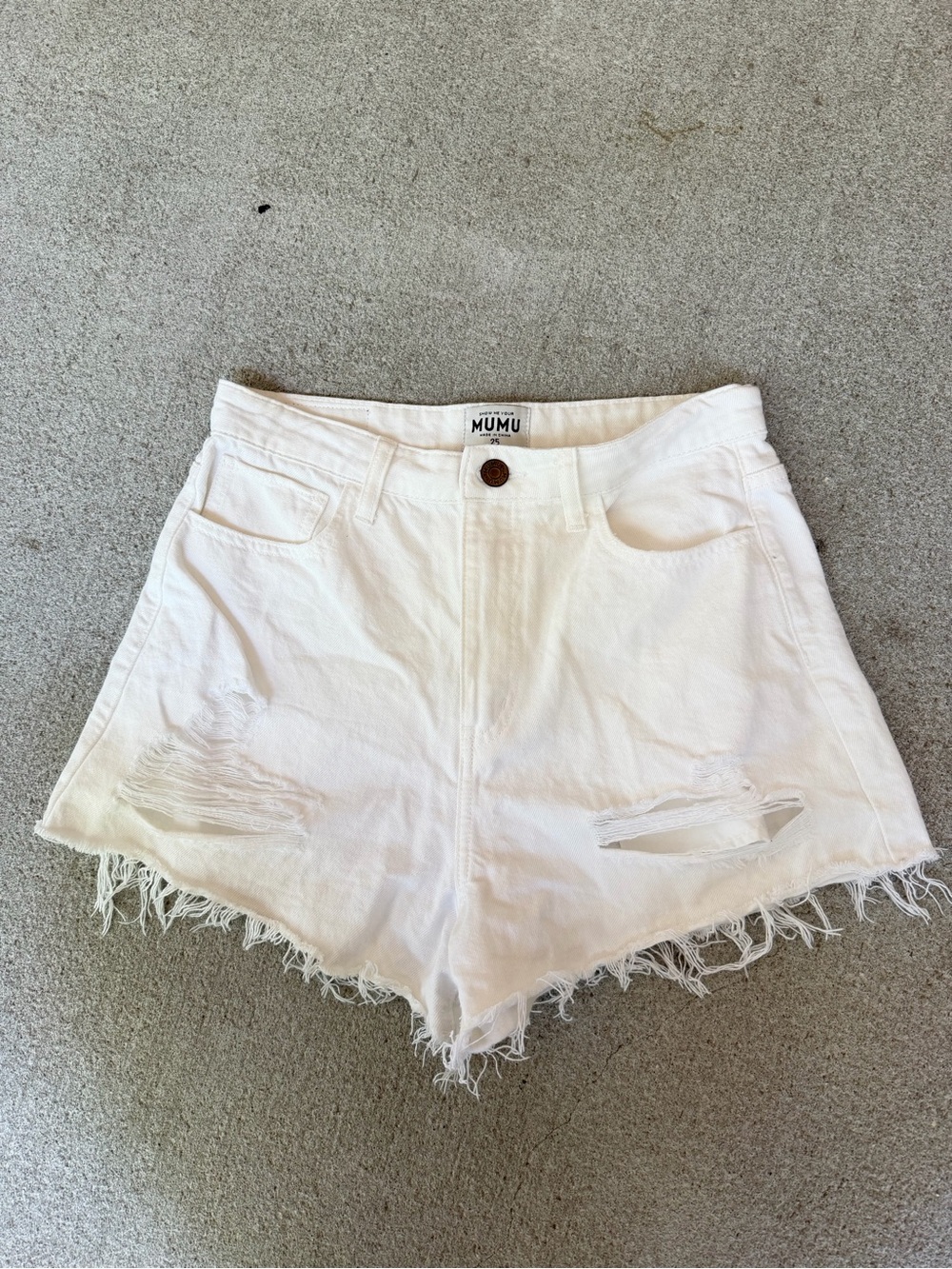 Mumu Philly Pinched Waist White Distressed Denim Shorts Size 25